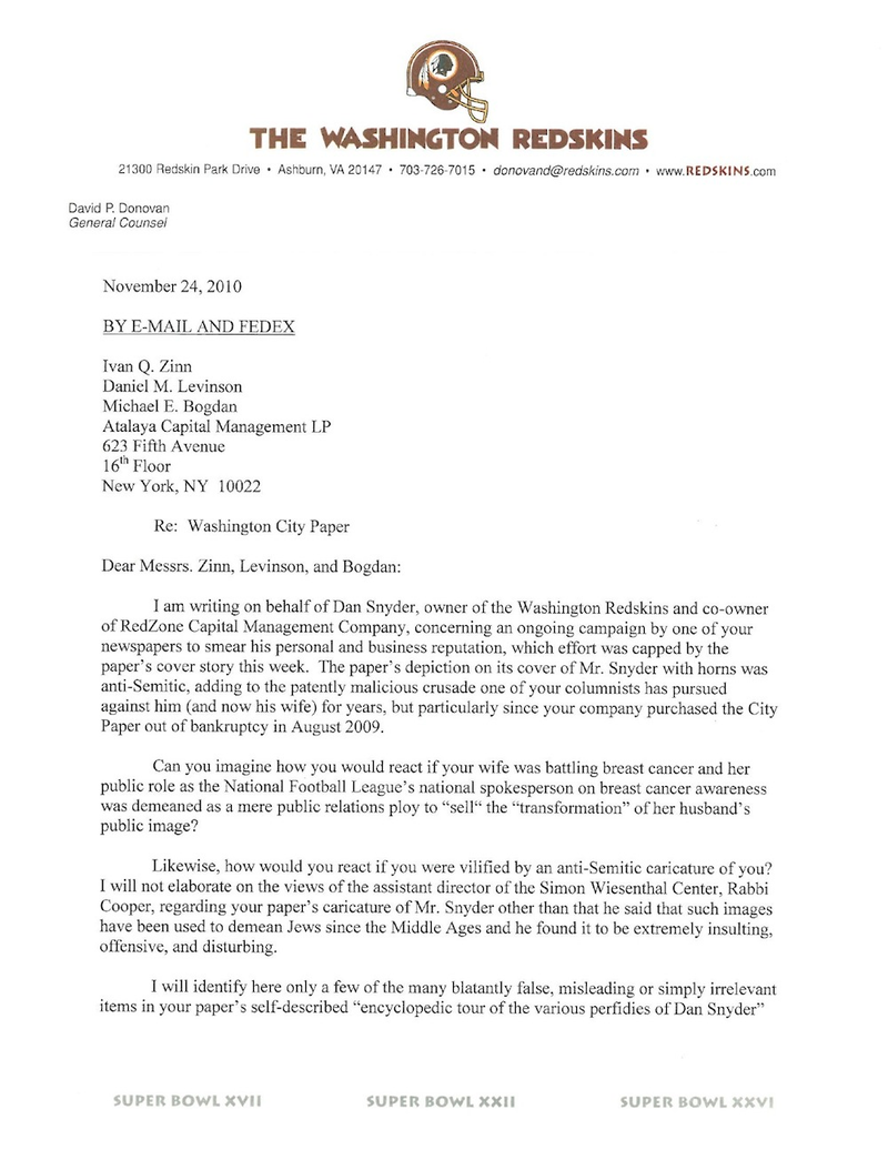 Illustration for article titled D.C. Alt-Weekly Responds To Dan Snyder's Strongly Worded Letter (Letter Included)